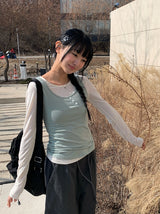 26SS★ [MADE] コリンダイアゴナルボタンスリーブレスシースルーレイヤードTシャツ
