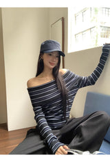 ストライプ スリム オフショルダー 長袖 ニット Tシャツ