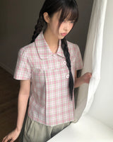 ユワラウンドカラーチェックショートスリーブブラウス