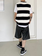 Stripe round neck knit vest 2C