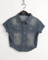 Markle Pocket Slim Washed Crop Denim Short Sleeve Shirt