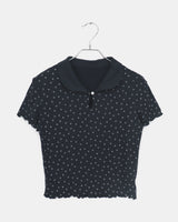 ソミングフラワーラウンドカラーフリルショートスリーブTシャツ
