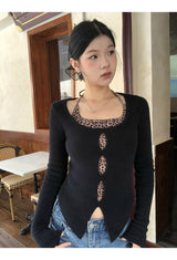 Leopard Halterneck Layered Long-Sleeved Knitwear