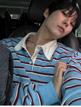 Sweat collar striped sweatshirt