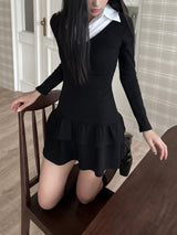  V-neck shirt cancan ribbed long sleeve dress (2 colors)