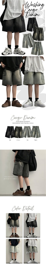 [S~XL] Romber Washing Cargo Denim Shorts