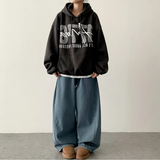 Foton waist banding side incision fleece denim wide pants
