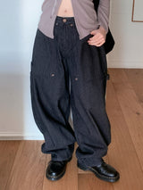 Cats Stripe Balloon Fit Wide Carpenter Pants 