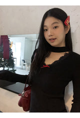 Choker V-neck Lace V-neck Long Sleeve T-shirt