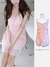 peach chiffon frill lace dress (cardigan set)