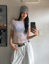 Sheer シースルー ボートネッククロップショートスリーブ