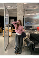 Pink button high-neck knit long-sleeved cardigan