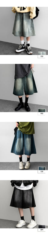 A.D washing side pintuck over wide denim shorts