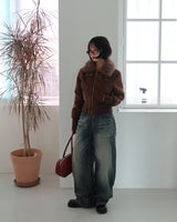Fur collar high neck slim fit short suede coat