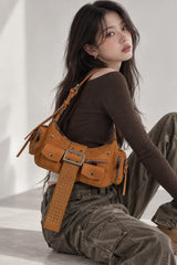 Y2K Stud Buckle Multi-Pocket Moto Shoulder Bag