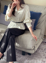 Doberin Open Collar Pintuck Blouse (Belt Set)