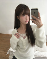 ボリフリースボタンVネックロングスリーブTシャツ