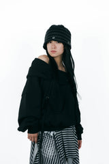 offshoulder ribbon hoodie(black)