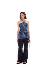 POCKET PRINTING HALTERNECK DRESS / BLUE