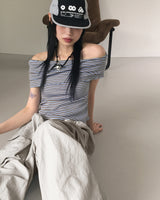 Seby Stripe Diagonal Off-Shoulder T-Shirt