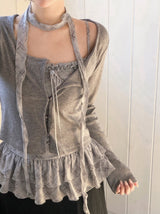 BN Check Frill Bustier + Cardigan + Tie Set (3color)