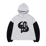 WASHED DENIM APPLIQUE SHORT HOODIE_TWO TONE GRAY/BLACK