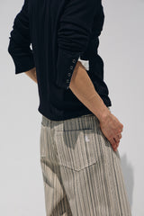 Contrast ribbed henley long Sleeve(Black)