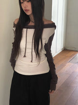 エンシュー起毛カラーフードオフショルダーTシャツ