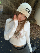 Heart Printed Long Sleeve Crop T-shirt