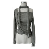 Western Unbalanced Off-Shirring Sheer Linen T & Scarf SET (3color)