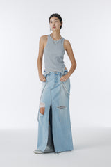 DAMAGED LONG DENIM SKIRT (BLUE)