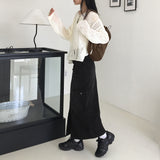 Wooden cargo front-slit washed denim long skirt