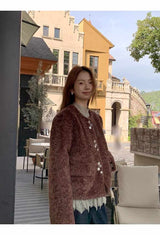 wool no collar brown button fur jacket