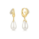 gold sparkle duet shell pearl drop hoop 14k gold plating + 925 silver earrings E069-09G