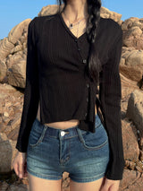 V-neck ribbed button slim fit long sleeve knit wrap cardigan (5 colors)