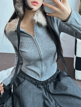FUR PETIT SLIM HALF CROPPED ZIP-UP 🖤🩶🤍3COLOR