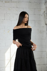 Drape Off-Shoulder T-Shirt - Black