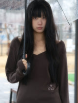 Loose V-Neck Long Sleeve -Brown