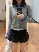 Perry Denim-Layer Cable Knit Long Sleeve Cardigan