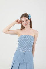 Denim Ribbon Crop Top Light Blue