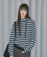 Stripe Turtleneck Balloonfit Hood Knit - NAVY