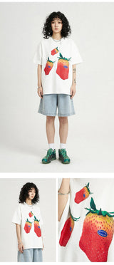 ストロベリーパターンルーズカジュアル半袖Tシャツ
