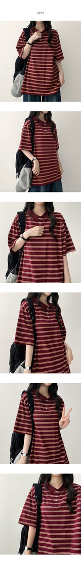 Melba Color Stripe Dangara Collar Short Sleeve Tee