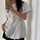 Memory Round-Neck Drawstring Shirring Summer Blouse 2 Colors