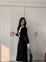 Quiet Bow Ribbon Trim Contrast Knit Long Sleeve Top