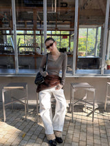 wool base lace V-neck long-sleeved t-shirt