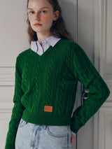 V NECK CABLE LABEL KNIT GREEN