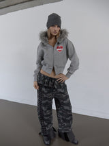 FUR TRIMMING HOODED ZIP-UP / MELANGE GRAY