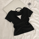 V button halterneck layered short-sleeved shirt (4 colors)