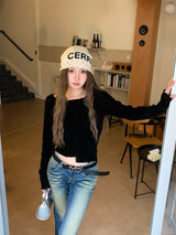 Back see-through lace long-sleeved T-shirt